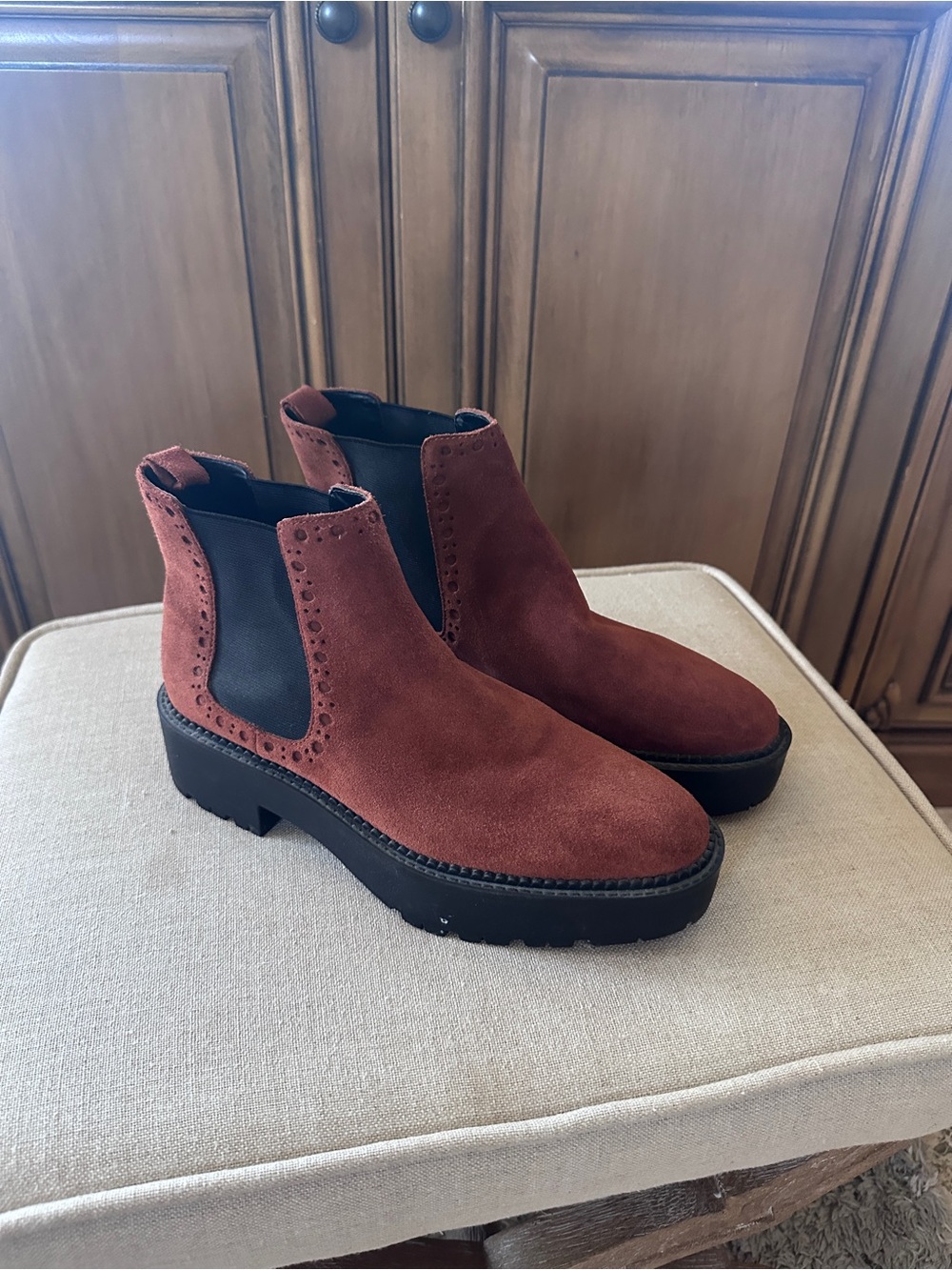 Mango Rust Suede Chelsea Ankle Booties with Lug Sole